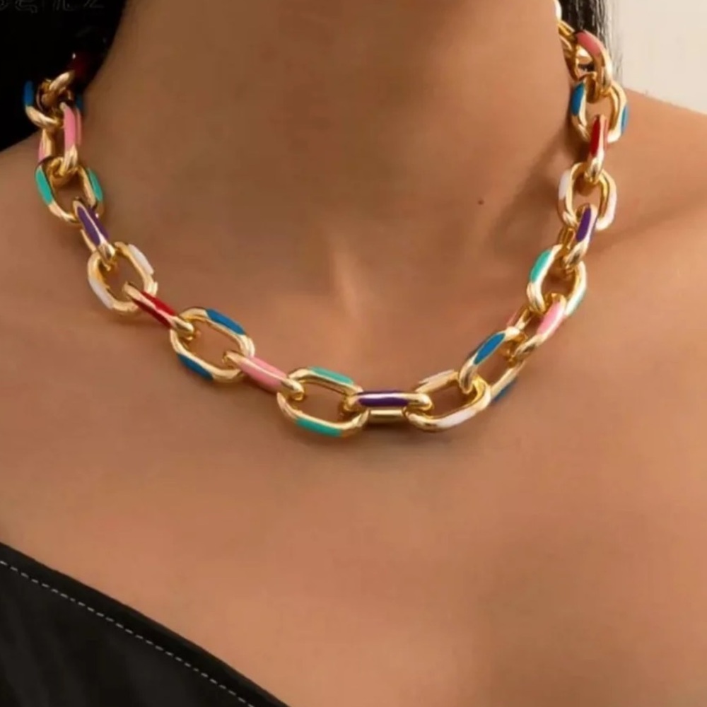 New Anthropologie Gold and Blue Chain Necklace Set